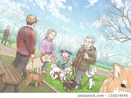 A gathering of dogs and their owners walking in the park A gathering of dogs and their owners walking in the park 138814848