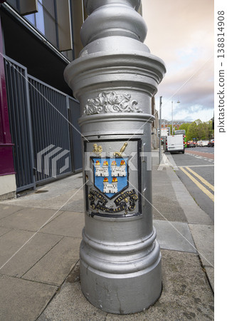 the city's colorful coat of arms on a lamppost in Dublin, Ireland the city's colorful coat of arms on a lamppost in Dublin, Ireland 138814908