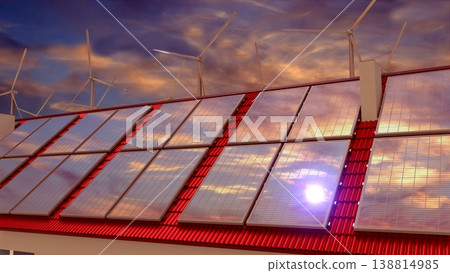 Solar panels, wind turbines, sunset sky. 3D rendering Solar panels, wind turbines, sunset sky. 3D rendering 138814985