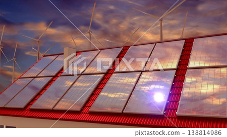Solar panels, wind turbines, sunset sky. 3D rendering Solar panels, wind turbines, sunset sky. 3D rendering 138814986
