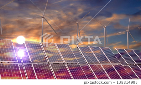 Solar panels, wind turbines, sunset sky. 3D rendering 138814993