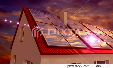 Solar panels installed on a roof, sunset sky. 3D rendering Solar panels installed on a roof, sunset sky. 3D rendering 138815072