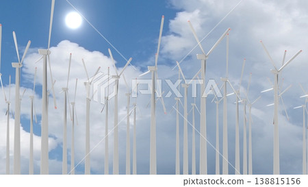 Wind turbines farm, sky. 3D rendering Wind turbines farm, sky. 3D rendering 138815156