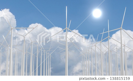 Wind turbines farm, sky. 3D rendering Wind turbines farm, sky. 3D rendering 138815159