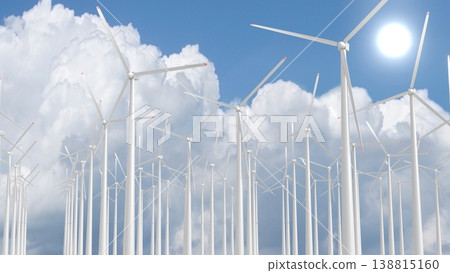 Wind turbines farm, sky. 3D rendering Wind turbines farm, sky. 3D rendering 138815160