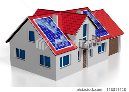 3D family house with solar/ photovoltaic panels installed on a roof 3D family house with solar/ photovoltaic panels installed on a roof 138815228