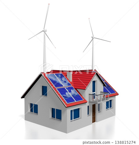 3D solar panels installed on a roof, wind turbines 3D solar panels installed on a roof, wind turbines 138815274