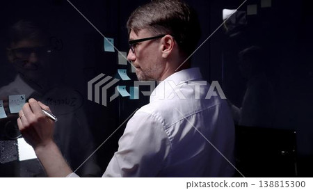 Man in glasses planning a new business strategy, creating an action plan, writing notes on a glass board, brainstorming ideas for project management in the office 138815300
