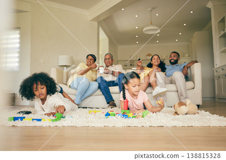Big family, toys and playing children with parents and grandparents in lounge at home together for creative fun. Living room, happy and development of kids on carpet floor with games by mom and dad Big family, toys and playing children with parents and grandparents in lounge at home together for creative fun. Living room, happy and development of kids on carpet floor with games by mom and dad 138815328