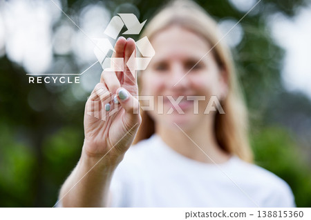Recycle, touch screen and woman with eco friendly overlay, green technology or hologram for sustainability. Sustainable, digital and climate change icon, sign and graphic with volunteer hand in park Recycle, touch screen and woman with eco friendly overlay, green technology or hologram for sustainability. Sustainable, digital and climate change icon, sign and graphic with volunteer hand in park 138815360