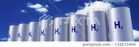 Cylindrical tanks with hydrogen gas - 3D illustration Cylindrical tanks with hydrogen gas - 3D illustration 138815404