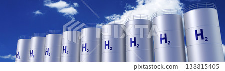 Cylindrical tanks with hydrogen gas - 3D illustration Cylindrical tanks with hydrogen gas - 3D illustration 138815405
