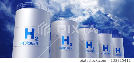 Cylindrical tanks with hydrogen gas - 3D illustration Cylindrical tanks with hydrogen gas - 3D illustration 138815411