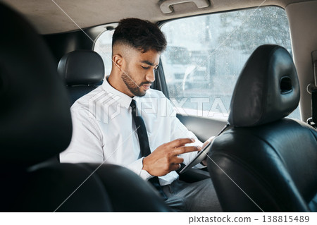 Business man, tablet and drive in car for online search, trading or reading stock market news in traffic. Indian trader, focus and scroll on digital tech app, financial website or travel in transport Business man, tablet and drive in car for online search, trading or reading stock market news in traffic. Indian trader, focus and scroll on digital tech app, financial website or travel in transport 138815489