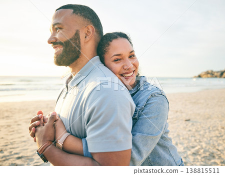 Hug, beach and couple with love, holiday and marriage with happiness, summer trip and bonding. Romance, happy man or woman embrace, seaside vacation and relationship with adventure, sunset and loving 138815511