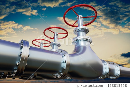 Gas pipelines and valves, sky in background - 3D illustration 138815538