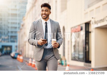 Phone, walking and business man in city for social media, networking and website on morning commute. Travel, professional and happy male worker in road with coffee and smartphone for internet in town Phone, walking and business man in city for social media, networking and website on morning commute. Travel, professional and happy male worker in road with coffee and smartphone for internet in town 138815599