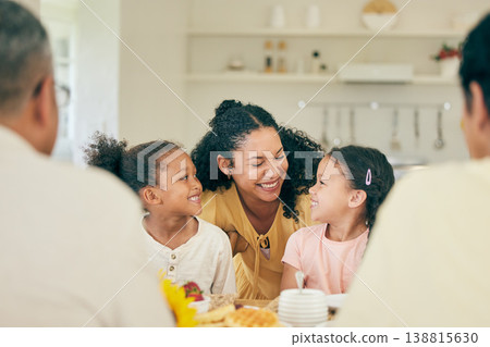 Birthday, mother and children at table for lunch, dinner and meal together for celebration at home. Family, party and happy mother with kids with cake, surprise and food for gathering and event 138815630