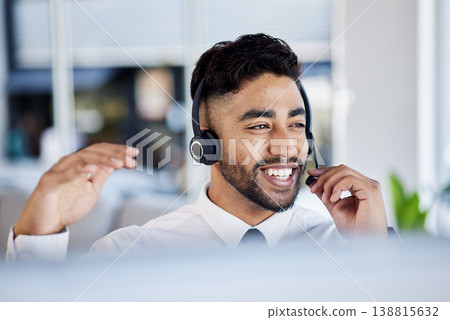 Call center, telemarketing and man with customer service, talking and communication with headphones. Male person, happy consultant and employee with a headset, crm and tech support with telecom sales Call center, telemarketing and man with customer service, talking and communication with headphones. Male person, happy consultant and employee with a headset, crm and tech support with telecom sales 138815632