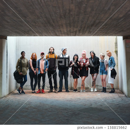 Group portrait, diversity or teenager with friends together in gen z, fashion or urban style for city, town or basement. People, community or teen student in casual streetwear for the weekend Group portrait, diversity or teenager with friends together in gen z, fashion or urban style for city, town or basement. People, community or teen student in casual streetwear for the weekend 138815662