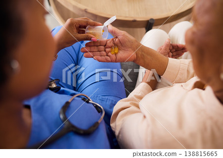 Nurse hands giving pills to a patient for pharmaceutical medication in a nursing recovery center. Checkup, medical and closeup of caregiver with medicine treatment for senior woman at retirement home Nurse hands giving pills to a patient for pharmaceutical medication in a nursing recovery center. Checkup, medical and closeup of caregiver with medicine treatment for senior woman at retirement home 138815665