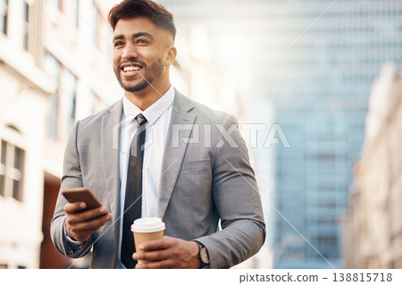 Phone, happy and business man in city online for social media, networking and website in town. Travel, professional and male worker smile with coffee and smartphone for internet on morning commute Phone, happy and business man in city online for social media, networking and website in town. Travel, professional and male worker smile with coffee and smartphone for internet on morning commute 138815718