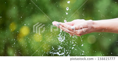 Woman, hands and palm with water for natural sustainability, washing or cleanse in nature. Closeup of female person with falling liquid drops for sustainable eco friendly environment in the outdoors 138815777