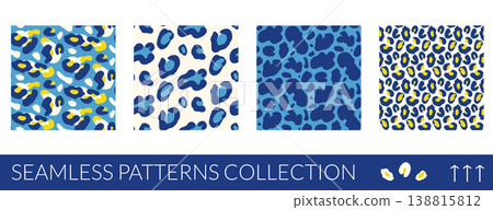 Animal spot seamless pattern with leopard rosette in blue and yellow. Bold summer animalistic print with retro on mediterranean backdrop. Flat vector collection of cheetah skin motifs for apparel Animal spot seamless pattern with leopard rosette in blue and yellow. Bold summer animalistic print with retro on mediterranean backdrop. Flat vector collection of cheetah skin motifs for apparel 138815812