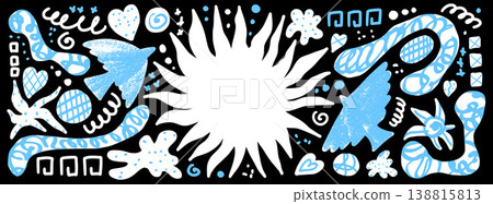 Bird and sun paper cutout in blue and white tactile texture for folk scrapbook. Crayon dove and sun shapes, starburst organic doodles. Vector cutout set with bird elements isolated on dark background 138815813