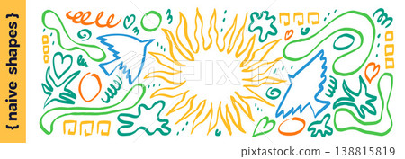 Bird and sun naive shape set with folk outlines and hand drawn doodles. Playful birds, scribbles and sun banner in boho green and blue with hearts. Decorative vector sticker set for kid collage 138815819