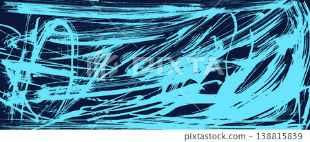 Grunge paint wavy brush strokes texture. Punk blue abstract background with rough ink splash pattern. Messy bold uneven squiggle for modern urban design. Vector graffiti wall blue grungy bg template 138815839