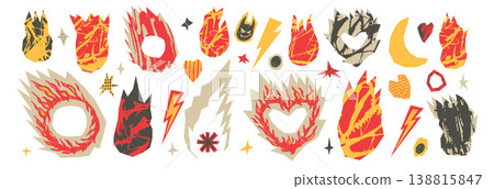 Fire, hot price callout, burned heart text box paper cutouts handmade textures icons. Doodle scrap cut flames vector set. Collage elements for sale design. Scrapbook bonfire grunge forms isolated Fire, hot price callout, burned heart text box paper cutouts handmade textures icons. Doodle scrap cut flames vector set. Collage elements for sale design. Scrapbook bonfire grunge forms isolated 138815847