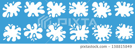 Milk splash set. White blob amoeba shapes with drops. Water puddle and paint stain blot design for text or decor. Abstract fluid graphic organic forms. Simple flat splash vector illustration isolated Milk splash set. White blob amoeba shapes with drops. Water puddle and paint stain blot design for text or decor. Abstract fluid graphic organic forms. Simple flat splash vector illustration isolated 138815849