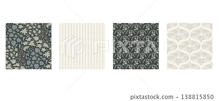 Seamless pattern of leaves on dark background in a grey garden. Botanical plant surface with seamless motifs as a vector collection. Floral, pond and leaves on neutral grey for wallpaper Seamless pattern of leaves on dark background in a grey garden. Botanical plant surface with seamless motifs as a vector collection. Floral, pond and leaves on neutral grey for wallpaper 138815850