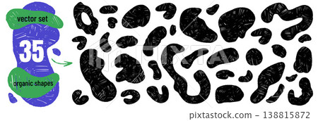 Crayon abstract organic shapes in black for animal pattern print. Bold charcoal blobs with irregular uneven texture as a vector set. Abstract chalk spots in splodge form for notebook design isolated Crayon abstract organic shapes in black for animal pattern print. Bold charcoal blobs with irregular uneven texture as a vector set. Abstract chalk spots in splodge form for notebook design isolated 138815872