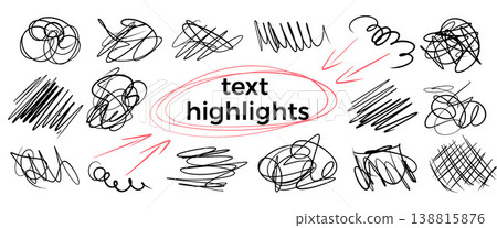 Abstract pen scribbles. Hand-drawn tangled circles, scratches, squiggles and abstract doodle text highlights, naive decoration set. Vector kids irregular arrow, crosshatching, spiral elements no bg Abstract pen scribbles. Hand-drawn tangled circles, scratches, squiggles and abstract doodle text highlights, naive decoration set. Vector kids irregular arrow, crosshatching, spiral elements no bg 138815876