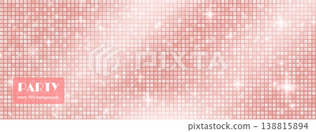 Disco party 80s glitter texture for holiday or event design and nightclub event flyer. Rose gold sequin mosaic background for festive celebration and glamour banner. Vector pink glam disco ball bg 138815894