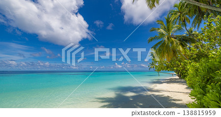 Picturesque summer beach panoramic landscape sunshine blue ocean palm trees tranquil relaxing tropical paradise travel scenery background Picturesque summer beach panoramic landscape sunshine blue ocean palm trees tranquil relaxing tropical paradise travel scenery background 138815959