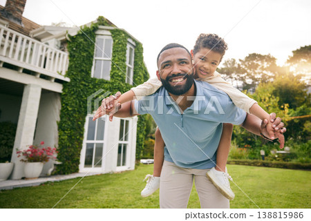 Father, child and piggyback outdoor or garden for real estate happiness, celebration and game at new house. Dream home, freedom and excited child with dad on lawn running and flying on property Father, child and piggyback outdoor or garden for real estate happiness, celebration and game at new house. Dream home, freedom and excited child with dad on lawn running and flying on property 138815986
