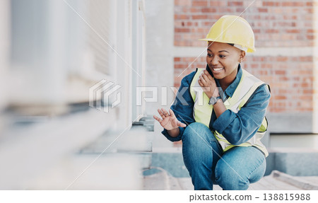 Happy phone call, air conditioner or maintenance black woman chat about HVAC machine, heat pump or aircon inspection. Construction worker, cellphone or rooftop technician person for AC repair service 138815988