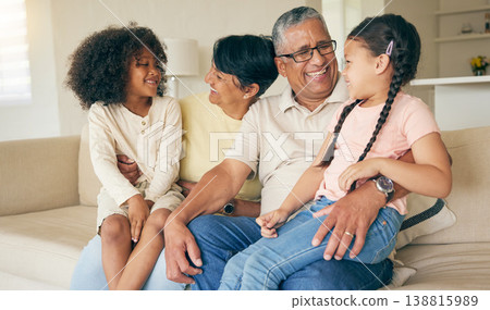 Grandparents, children and smile on sofa in home for love, care and quality time together. Grandmother, grandfather and happy young kids relax on couch for bond, support and fun in family living room 138815989
