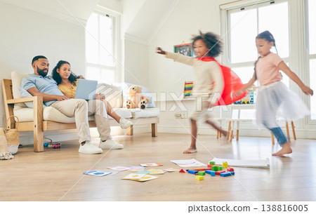 Parents on laptop, happy family and running children playing pretend games, fun or imagine being superhero, princess or ballerina. Speed energy, Halloween fantasy costume and young kids play at home Parents on laptop, happy family and running children playing pretend games, fun or imagine being superhero, princess or ballerina. Speed energy, Halloween fantasy costume and young kids play at home 138816005