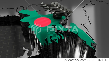 Bangladesh - missiles on country map and flag - 3D illustration Bangladesh - missiles on country map and flag - 3D illustration 138816061