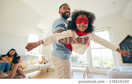 Superhero flight, father and happy kid playing pretend game, imagine flying and enjoy quality time together, fun or bond. Action hero, Halloween fantasy costume and family dad and child play at home Superhero flight, father and happy kid playing pretend game, imagine flying and enjoy quality time together, fun or bond. Action hero, Halloween fantasy costume and family dad and child play at home 138816200