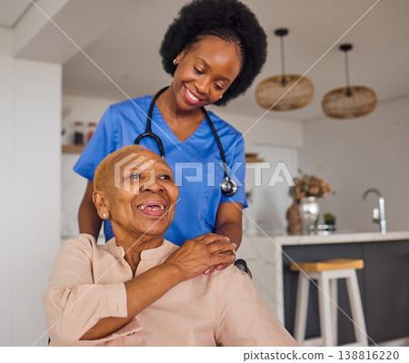 Black people, nurse and senior patient in elderly care, wheelchair and healthcare at home. Happy African female medical professional or caregiver helping old age person with a disability in the house Black people, nurse and senior patient in elderly care, wheelchair and healthcare at home. Happy African female medical professional or caregiver helping old age person with a disability in the house 138816220