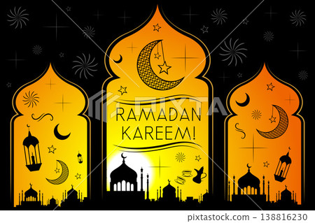 Ramadan Kareem Banner with Mosque and Lanterns on Golden Background - vector illustration 138816230