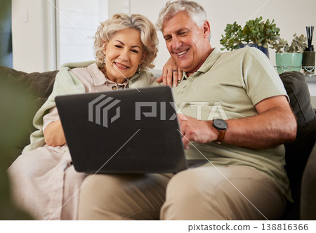 Senior man, woman or laptop on sofa to download movies, reading social media post and online shopping. Happy elderly couple scroll website, internet blog or news subscription on computer tech at home Senior man, woman or laptop on sofa to download movies, reading social media post and online shopping. Happy elderly couple scroll website, internet blog or news subscription on computer tech at home 138816366