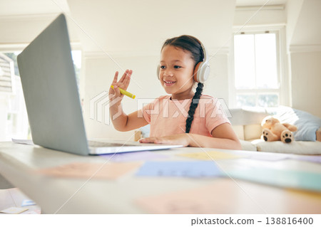 Laptop, elearning and child on a video call wave in a class doing homework in her bedroom at her house. Greeting, technology and kid student in a virtual online lesson for home school on a computer. Laptop, elearning and child on a video call wave in a class doing homework in her bedroom at her house. Greeting, technology and kid student in a virtual online lesson for home school on a computer. 138816400