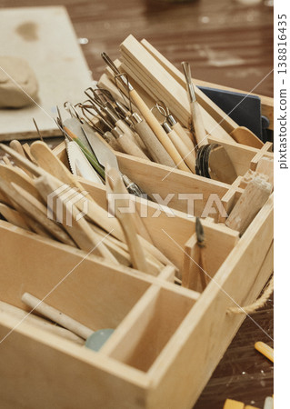 Assorted Clay Tools in Wooden Organizer for Ceramics Assorted Clay Tools in Wooden Organizer for Ceramics 138816435