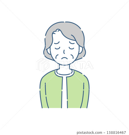A simple illustration of a senior woman with a troubled expression and her eyes closed, in a blue-gray color scheme. 138816467